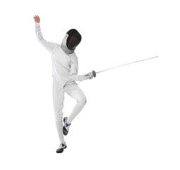 Fencer with epee practicing on white background