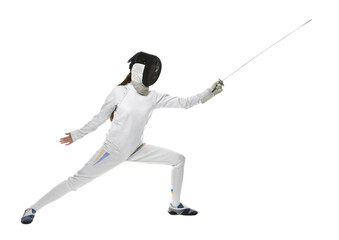 Fencer with epee practicing on white background