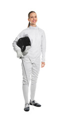 Smiling fencer with protective mask and epee on white background