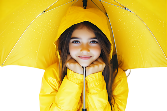A cheerful girl in a yellow raincoat holding a yellow umbrella, smiling.