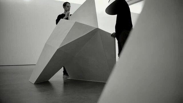 Artist Engages With Large Geometric Sculptures in Contemporary Art Space