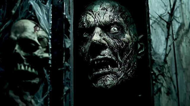 zombie and human skull, symbolizing horror and the undead