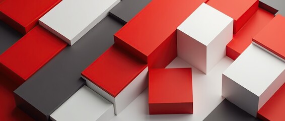 Geometric composition featuring red, white, and black squares arranged in abstract pattern.