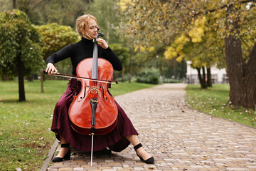 Beautiful young woman playing cello in park, space for text © New Africa