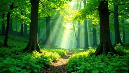 Naklejka premium Lush green forest with sunlight filtering through trees creating dappled shade on the forest floor, verdant, trees, sunlight