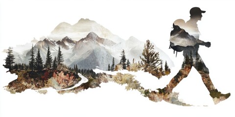 A Silhouette of a Nature Hiker Against a Breathtaking Scenic Mountain Background