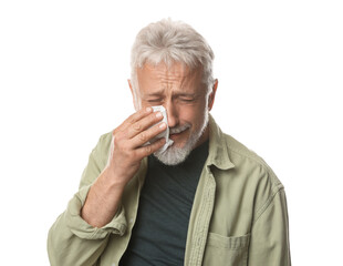 Sad senior man crying on white background