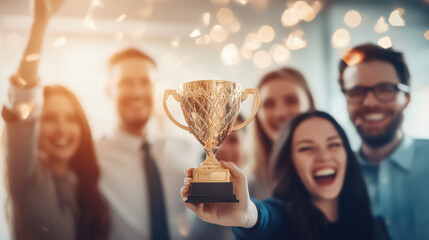 Business Team Celebrating Gold Trophy. Concept of Success and Achievement Office Team