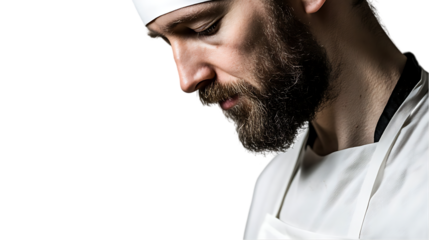 A focused chef in profile, wearing a white apron and hat, deep in thought.