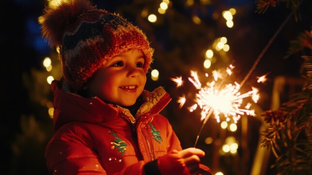 Joyful Child Celebrating New Year's Eve with Sparklers