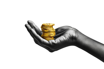 A monochrome photo of an African hand holding a stack of golden coins adorned with a digital