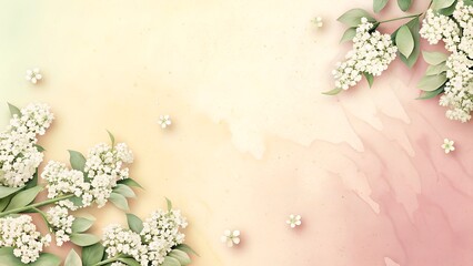 romantic gradient background from light pink to cream, decorated with soft watercolor strokes and small white  lilac flowers.