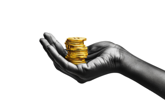 A monochrome photo of an African hand holding a stack of golden coins adorned with a digital