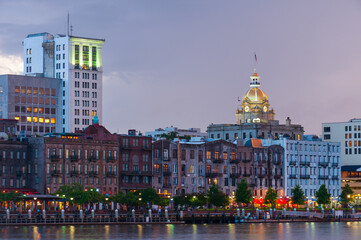 Illuminated waterfront Historic District at dusk, Savannah downtown, USA