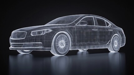 Wireframe sedan reflecting on dark background representing automotive innovation