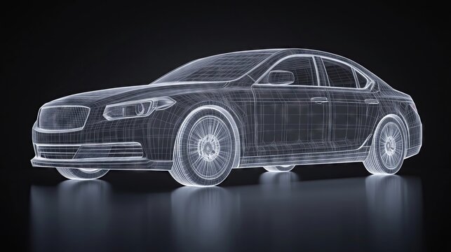 Wireframe sedan reflecting on dark background representing automotive innovation