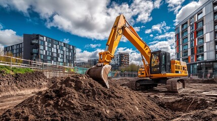 Excavator working on a construction site near modern buildings