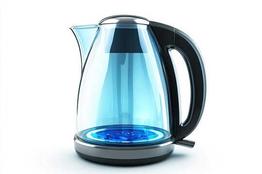 A modern electric kettle with a transparent body and blue illumination for boiling water.