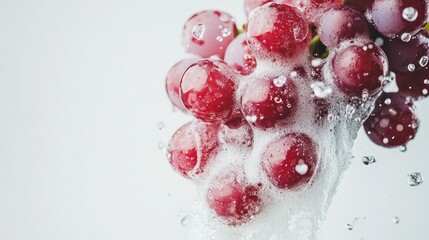 Red grapes washing in water with bubbles.
