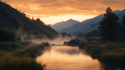 Obraz premium Misty sunrise over a calm river in a mountain valley.