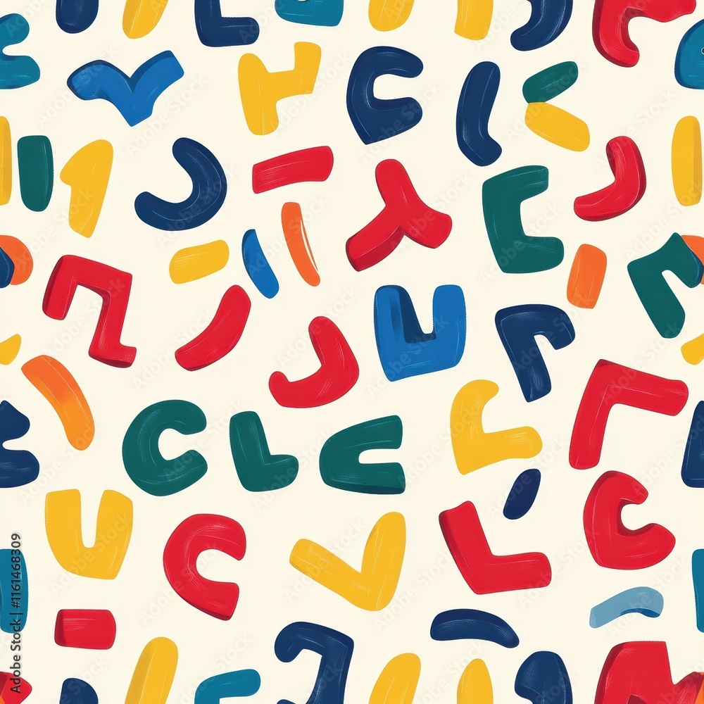 Poster playful pattern featuring stylized alphabet shapes in vibrant colors on a light background. generati