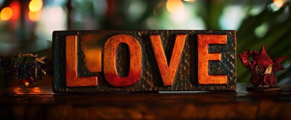 Wooden LOVE sign on dark rustic surface with bokeh lights and small figurines.