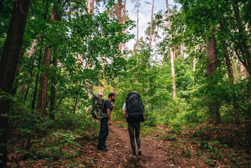 family with a small child in a travel backpack baby carrier. go camping with a tent and backpacks