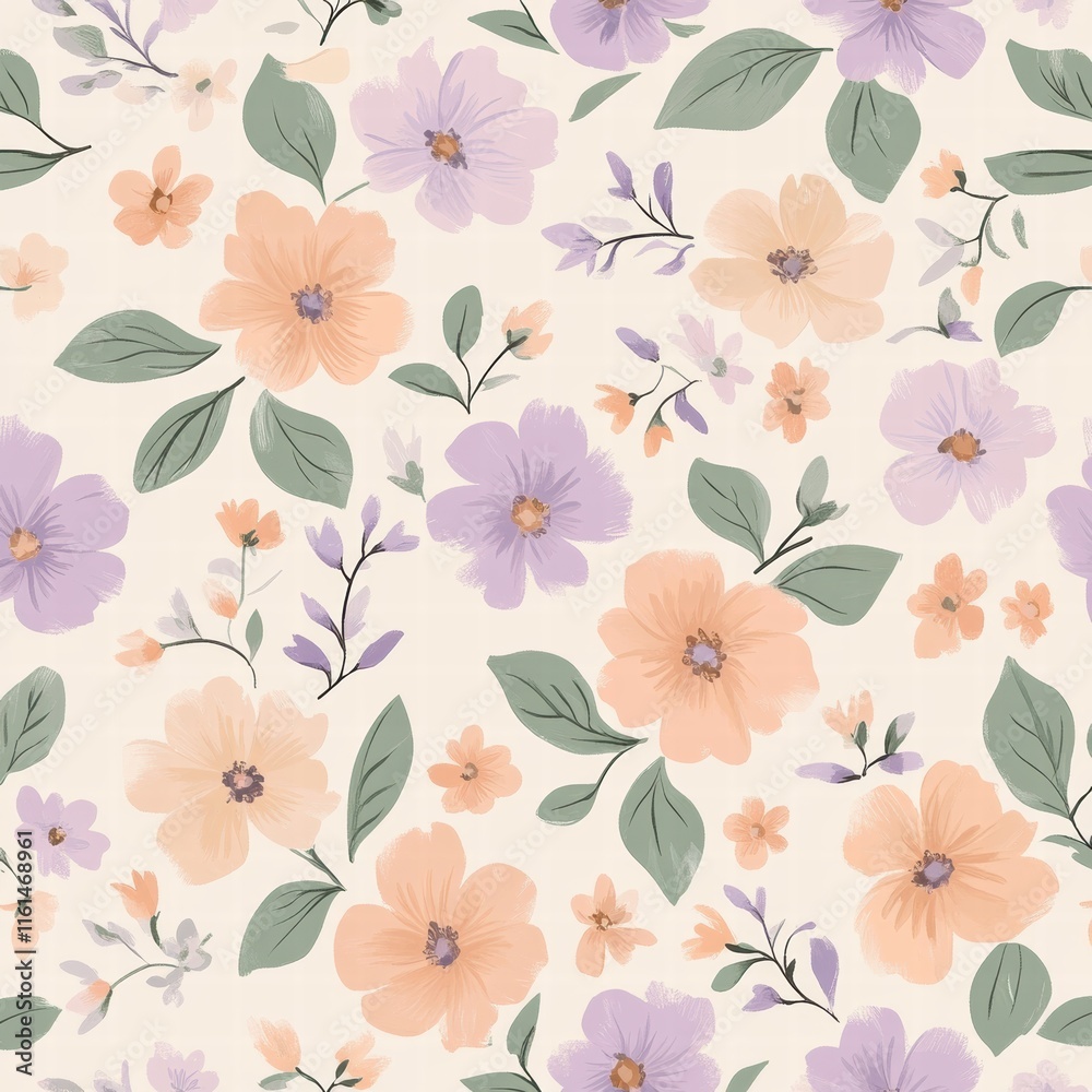 Poster Floral pattern featuring delicate flowers in soft hues with green leaves on a light background, perfect for various design uses. Generative AI