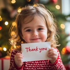 A happy little Slavic girl expresses her gratitude with a &ldquo;Thank You&rdquo; sign surrounded by a warm and festive Christmas background.