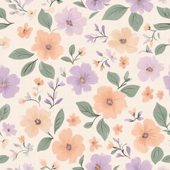 Floral pattern featuring delicate flowers in soft hues with green leaves on a light background, perfect for various design uses. Generative AI