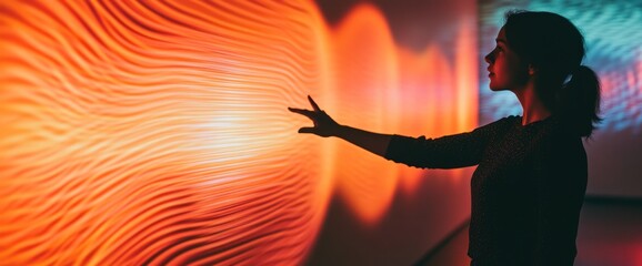 Woman interacting with vibrant, colorful light projection.