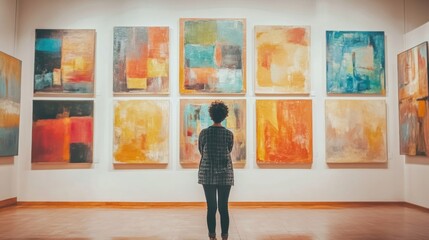 Fototapeta premium Woman admiring abstract paintings in art gallery.