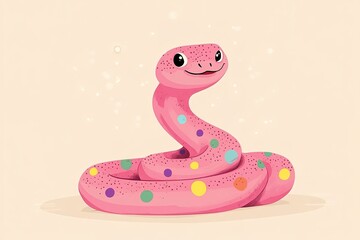 Fototapeta premium Charming pink snake with colorful spots, playful expression, whi