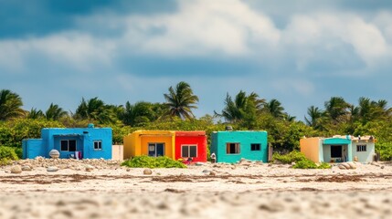 Colorful beach houses under a cloudy sky.