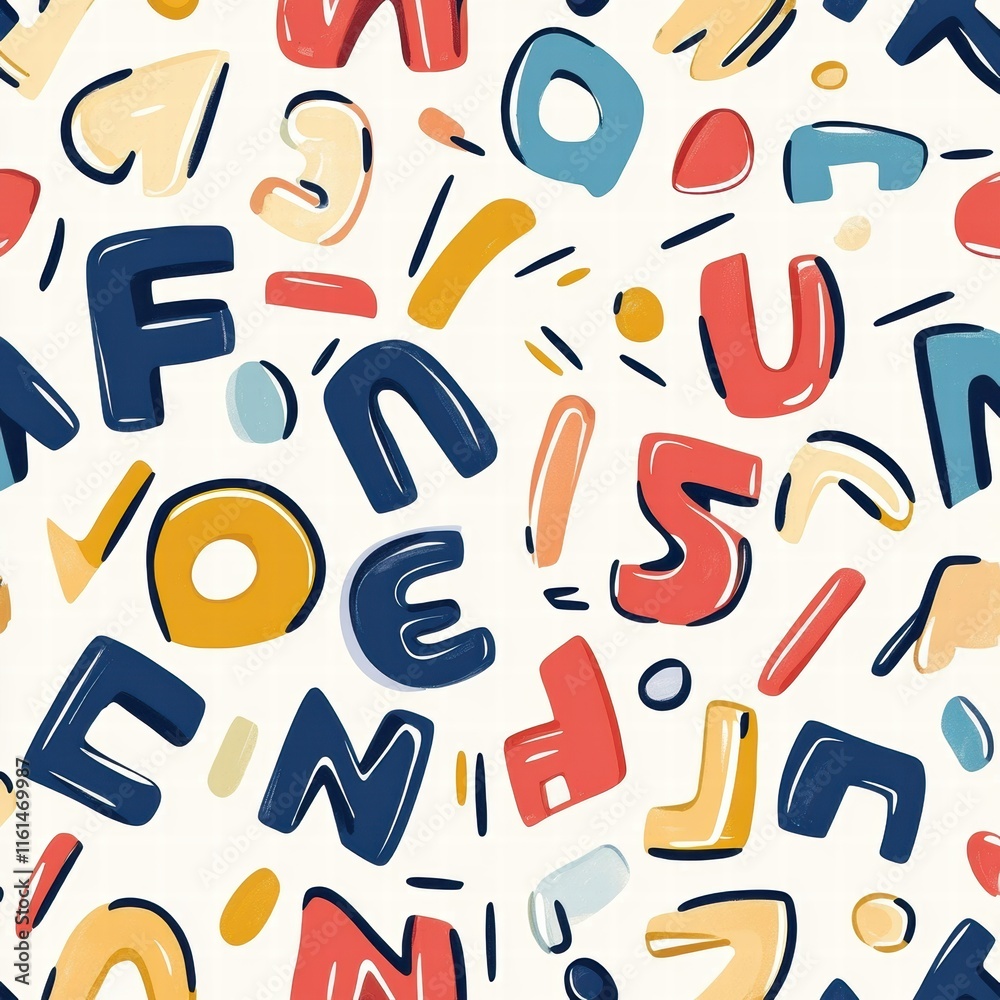 Aufkleber Playful pattern of stylized alphabet letters in vibrant colors and dynamic shapes across a light background. Generative AI