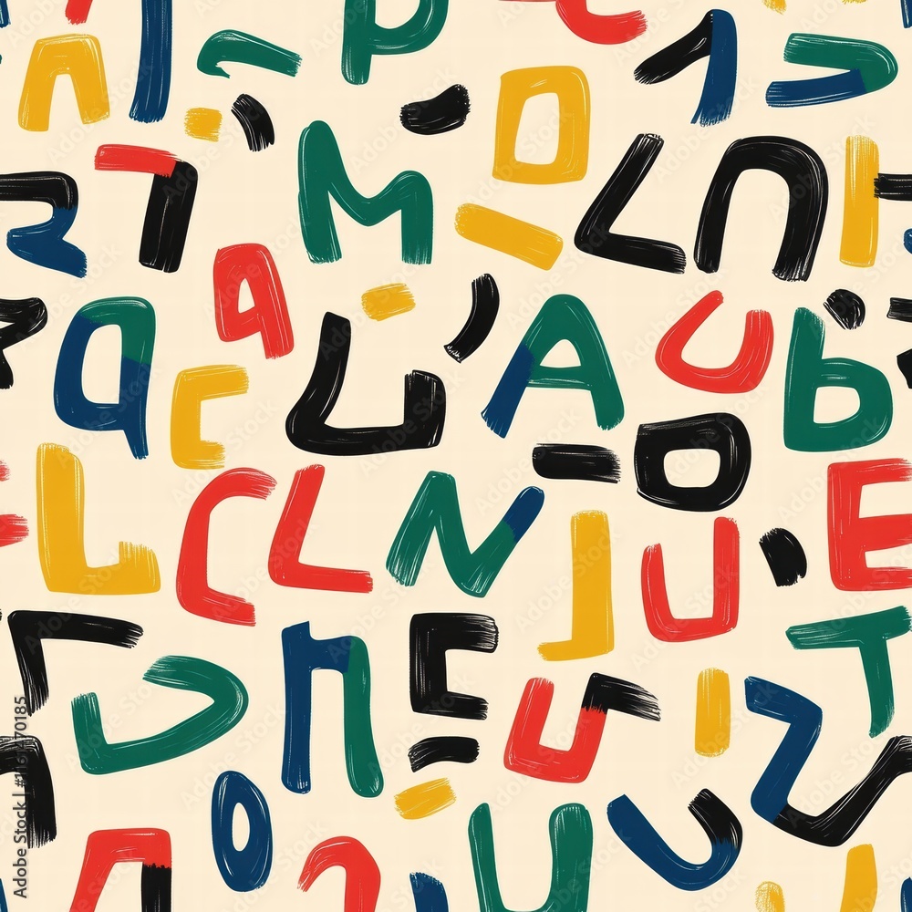 Poster Colorful and playful pattern of stylized alphabet letters on a light background. Generative AI