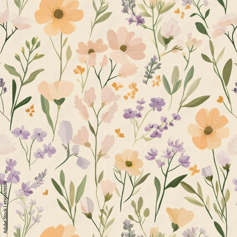 Poster Floral pattern with delicate flowers in soft hues creating a gentle and inviting atmosphere for springtime decor. Generative AI