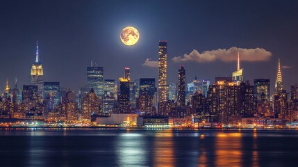 Obraz premium Night cityscape skyline with full moon and city lights reflection on water.