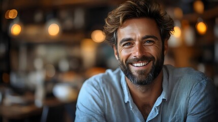 Obraz premium A man with a beard and a smile is sitting at a table in a restaurant