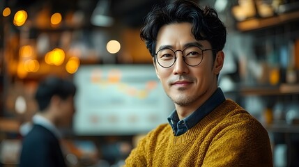 Fototapeta premium Man in Glasses and Sweater at Cafe
