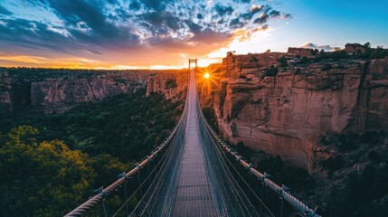 Sunset over canyon with suspension bridge. (1)