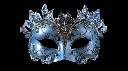 A black background featuring copy space enhanced by a blue carnival Venetian mask adorned with silver decorations