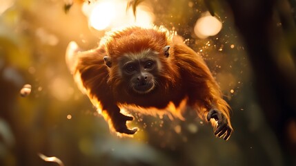 Rare golden lion tamarin leaping between vines