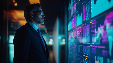 Businessman Analyzing Data on a Digital Screen in a High-Tech Environment