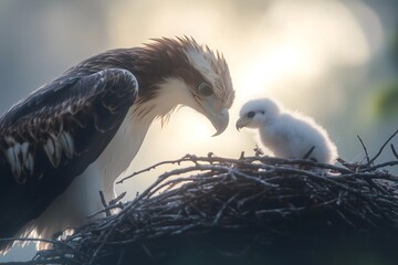 Fototapeta premium Endangered Philippine Eagle feeding chick in mountain nest