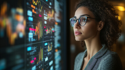 Business woman Analyst in Front of Digital Data Wall for Technology and Analytics Concepts

