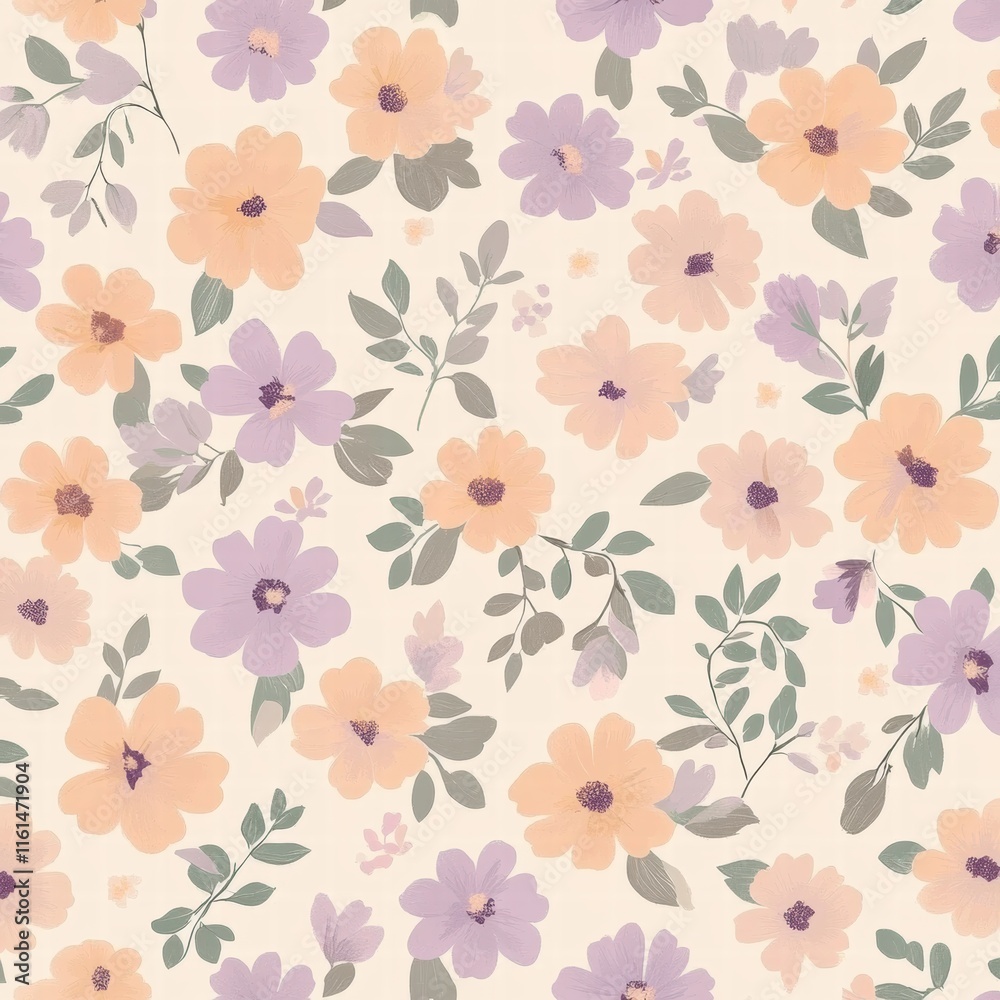 Poster Delicate floral pattern showcasing soft blooms in pastel colors on a light background. Generative AI