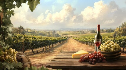 Wine bottle, grapes, cheese on wooden table overlooking vineyard.