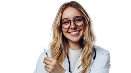 A smiling healthcare professional holding a syringe, ready for vaccination.