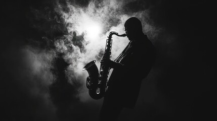 Obraz premium Silhouette of saxophonist playing in smoky darkness.
